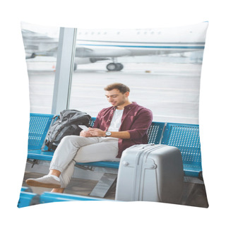 Personality  Smiling Man Using Smartphone While Sitting In Waiting Hall In Airport Pillow Covers