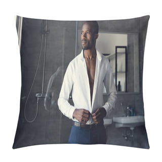 Personality  Thoughtful Businessman Buttoning His White Shirt At Bathroom And Looking Away Pillow Covers