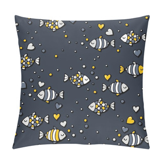 Personality  Deep Sea Colorful Fishes In Love With Bubble Hearts On Dark Background Seamless Pattern Pillow Covers