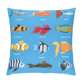 Personality  Aquarium And Ocean Fish Breeds Underwater Bowl Tropical Aquatic Animals Water Nature Pet Characters Vector Illustration Pillow Covers