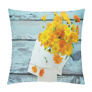 Personality  Yellow Summer Flowers Of A Calendula And Ancient Empty Photographs On A Wooden Surface. Nostalgic Summer Background With A Bouquet From A Marigold. Festive Card. Pillow Covers