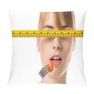 Personality  Young Woman Eating Cherry Tomato With Measuring Tape In Front Her Eyes Isolated On White Pillow Covers