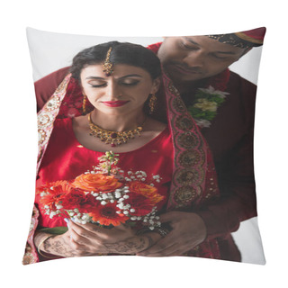 Personality  Indian Man In Turban Looking At Pretty Bride In Sari With Bouquet Of Flowers Isolated On White Pillow Covers