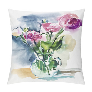 Personality  Watercolor Artwork Of Pink Flowers In A Glass Vase Pillow Covers
