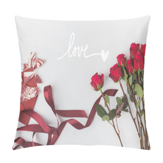 Personality  Flat Lay With Arrangement Of Red Roses With Ribbon And Envelope With Sweet Dessert Isolated On White, St Valentines Day Concept Pillow Covers