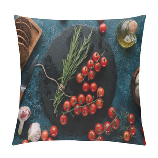 Personality  Red Tomatoes With Herbs And Bread On Dark Blue Table Pillow Covers
