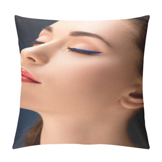 Personality  Selective Focus Of Beautiful Woman With Glamorous Makeup And Eyes Closed Isolated On Blue Pillow Covers