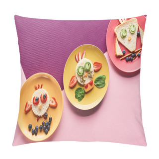 Personality  Top View Of Plates With Fancy Animals Made Of Food On Pink And Purple Background Pillow Covers