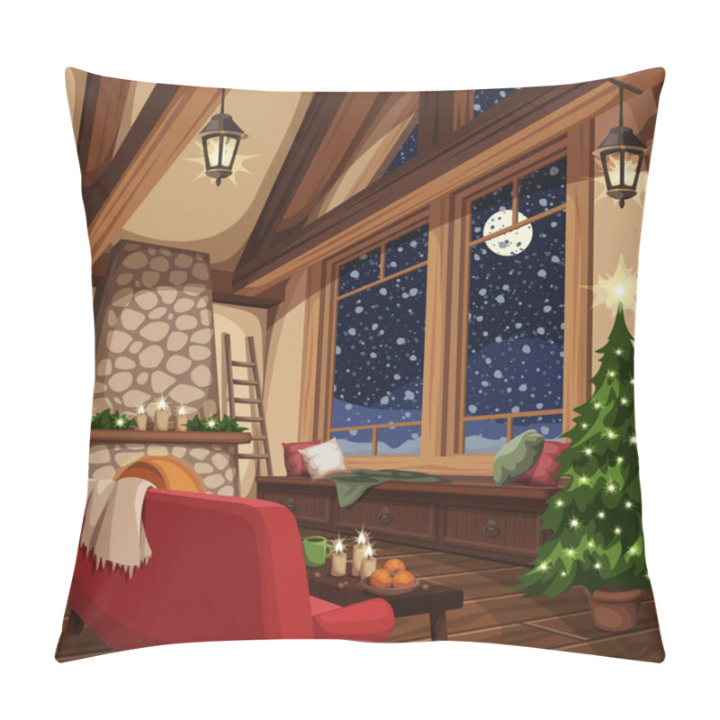 Personality  Vector Christmas cozy chalet interior with big window, wooden beams, fireplace, Christmas tree, sofa and snowfall outside. pillow covers