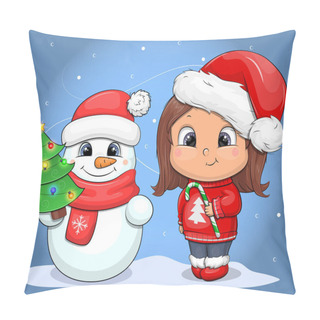 Personality  Cute Cartoon Girl And Snowman In Santa's Hats. Christmas Vector Illustration On A Blue Background. Pillow Covers