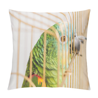 Personality  Selective Focus Of Bright Amazon Parrot Sitting In Bird Cage Pillow Covers