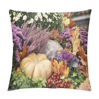 Personality  Autumn  Composition With Pumpkinspkin In Various Shapes, Flowers And Plants  On Manege Square In Moscow, Russia. Harvest Holiday, Farm Market.  Autumn  Decorations. Background For Halloween.   Pillow Covers
