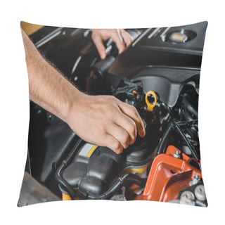 Personality  Cropped Shot Of Auto Mechanic Checking Automobile Pillow Covers