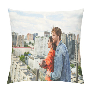 Personality  A Man And Woman Stand On A Balcony, Gazing At A Sprawling City Below Them Under The Night Sky Pillow Covers