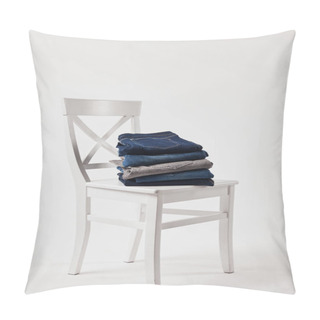 Personality  Wooden Chair With Folded Denim Pants On White Pillow Covers