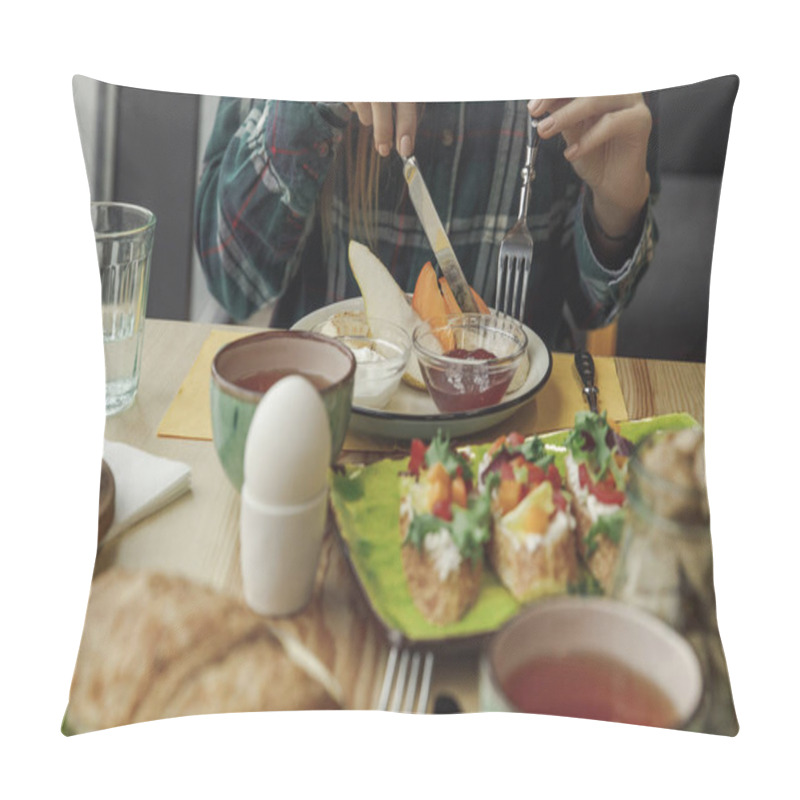 Personality  partial view of person eating healthy tasty breakfast  pillow covers