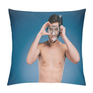 Personality  Handsome Shirtless Young Man In Snorkel And Scuba Mask Looking At Camera On Blue  Pillow Covers