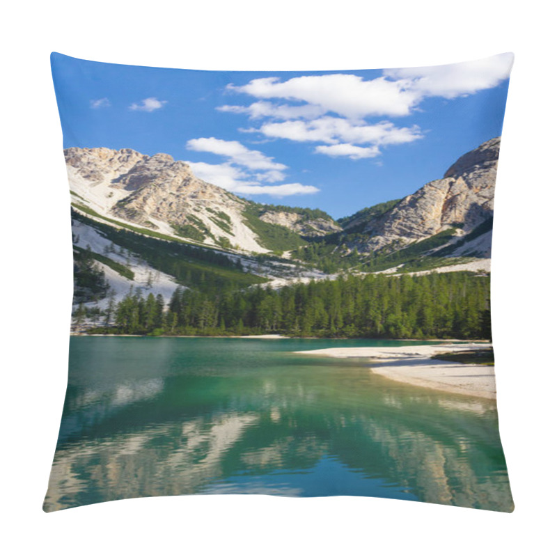 Personality  Braies Lake Or Pragser Wildsee In The Fanes-Sennes-Prags Natural Park. Mountain Lake In The Dolomites Of South Tyrol Or Sudtirol. A Beautiful Sunny Day, A Relaxing Landscape With Bright Colors. Italy. Pillow Covers