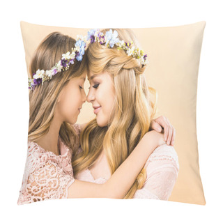 Personality  Happy Mother And Adorable Daughter In Colorful Floral Wreaths Hugging With Closed Eyes On Yellow Background Pillow Covers