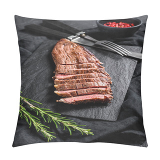 Personality  Sliced Beef Flank Steak Medium Rare. Black Background. Top View Pillow Covers