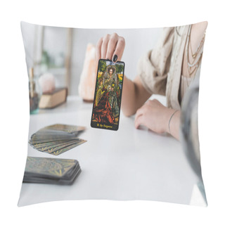Personality  KYIV, UKRAINE - FEBRUARY 23, 2022: Cropped View Of Soothsayer Holding Tarot Card At Home  Pillow Covers