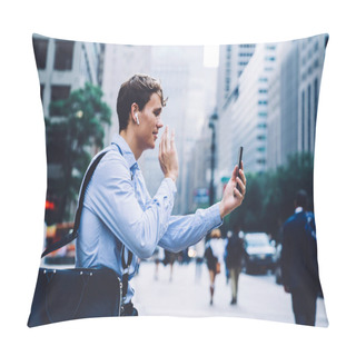 Personality  Side View Of Experienced Executive Male Employer Sitting At Urban Setting And Waving During Video Call Via Cellular Application For Online Communication,business Man In Formal Wear And Earbuds Talking Pillow Covers
