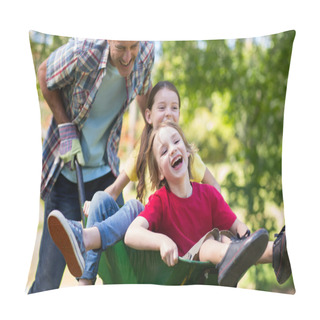 Personality  Father And His Children Playing With Wheelbarrow Pillow Covers
