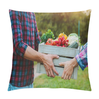 Personality  Wooden Box With Farm Vegetables In The Hands Of Men And Women, Close-up. Pillow Covers