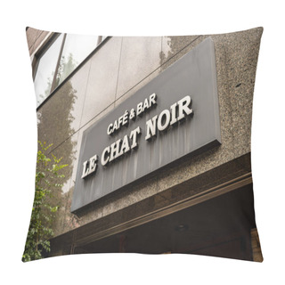 Personality  Tokyo, Japan, 31 October 2023: 'Le Chat Noir' Cafe And Bar Sign Pillow Covers