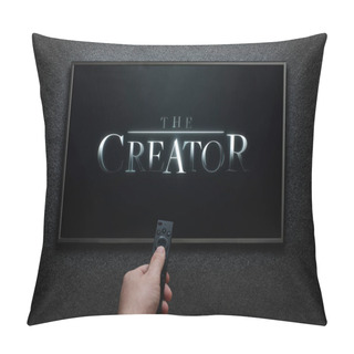 Personality  The Creator Trailer Or Movie On TV Screen. Man Turns On TV With Remote Control. Astana, Kazakhstan - September 8, 2023. Pillow Covers