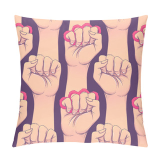 Personality  Woman's Hand With Brass Knuckles. Fist Raised Up. Girl Power. Feminism Concept. Realistic Style Vector Illustration In Pink And Purple Pastel Goth Colors Isolated On White. Seamless Pattern Design Pillow Covers