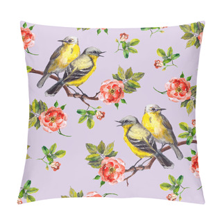Personality  Calm Violet Tiled Pattern With Pink Roses And Yellow Songbirds Pillow Covers