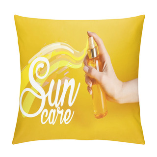 Personality  Cropped View Of Woman Holding Bottle With Sunscreen Spray On Yellow Background With Sun Care Lettering Pillow Covers