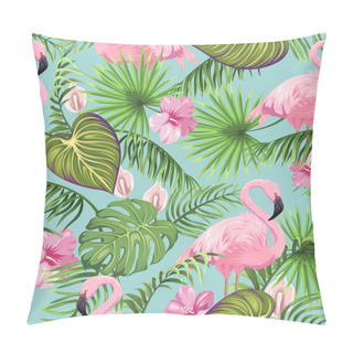 Personality  Seamless Pattern With Tropical Leaves, Exotic Flowers And Flamingo  Pillow Covers
