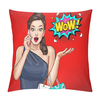 Personality  Amazed Young Sexy Woman With Open Mouth In Comic Style.  Pop Art Girl With Phone And Shooing Bags Saying Wow.  Advertising Poster With Surprised Magazine Cover Female Model. Pillow Covers