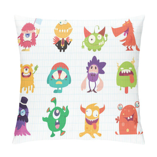 Personality  Cartoon Monsters Collection. Vector Set Of Cartoon Monsters . Design For Print, Party Decoration, T-shirt, Illustration, Logo, Emblem Or Sticker Pillow Covers