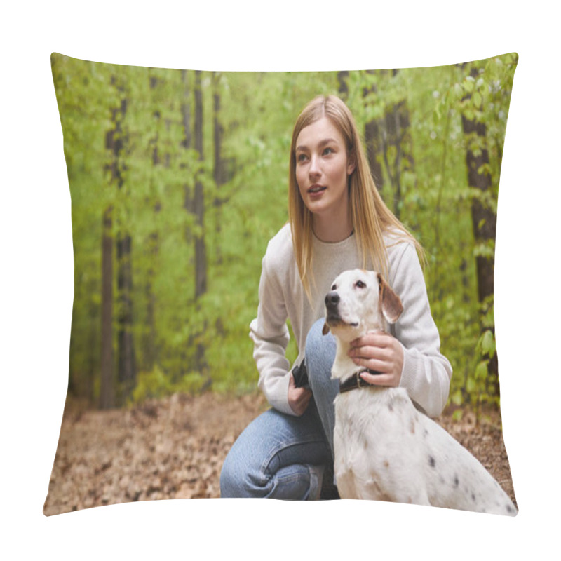 Personality  Blonde Hiker Girl Interacting With Her Pet Looking At Direction While Hiking Rest With Forest View Pillow Covers