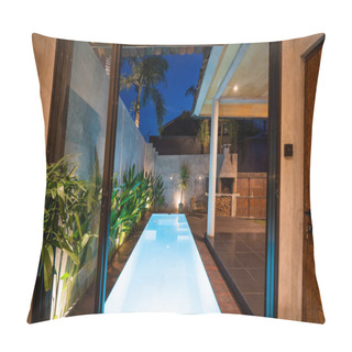 Personality  Through The Door. View Through The Glass Door To The Outdoor Pool Pillow Covers