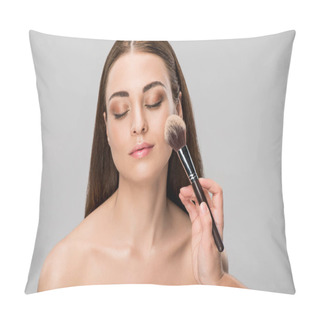 Personality  Beautiful Young Woman Applying Face Powder With Cosmetic Brush, Isolated On Grey Pillow Covers