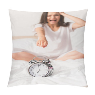 Personality  Selective Focus Of Stressed Woman Pointing With Finger At Retro Alarm Clock  Pillow Covers