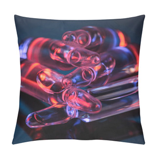 Personality  Close Up Of Transparent Glass Ampoules With Red Light Reflection On Table Pillow Covers