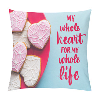 Personality Top View Of Glazed Heart Shaped Cookies On Pink Plate Isolated On Blue Pillow Covers
