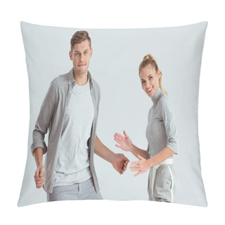 Personality  Man Dancing While Smiling Woman Looking At Camera And Making Robot Moves Isolated On Grey Pillow Covers