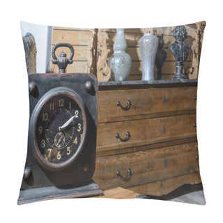 Personality  Old Vintage Clock On Wooden Table In Modern Retro Styled Living Room Pillow Covers
