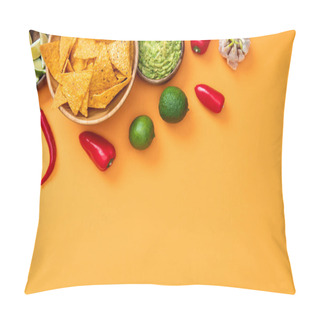 Personality  Top View Of Crispy Nachos, Guacamole And Spices On Orange Background With Copy Space Pillow Covers