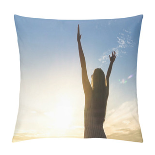 Personality  Brave Happy Young Woman Raising Hands Up In The Air And Open Arms To Sky. Enjoying Life. Sunny Healthy Lifestyle Concept In Sunset. Pillow Covers