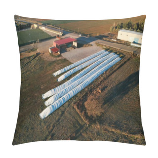 Personality  An Aerial Picture Of Fivr Log Cylinders Of Wrapped Forage. Pillow Covers