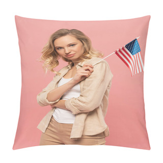 Personality  Smiling Blonde Woman Holding American Flag Isolated On Pink Pillow Covers