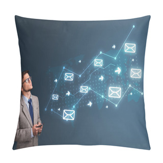 Personality  Young Man Holding A Phone With Arrows And Message Icons Pillow Covers