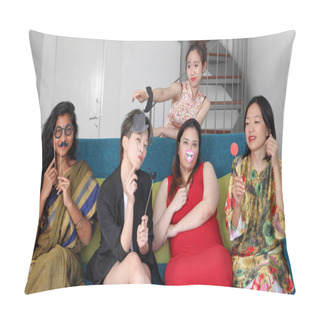 Personality  Young Asian Woman Group Talk Sing Making Funny Mocking Faces Expression Selfie Portrait Paper Props Mustache Hat Pipe Nose Hair On Blue Living Room Sofa Sit Pillow Covers